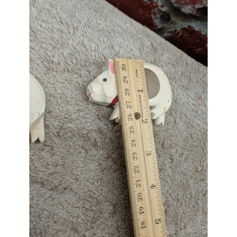 Hand Carved Painted Wooden Pig Napkin Rings Pair Philippines Folk Art White Red